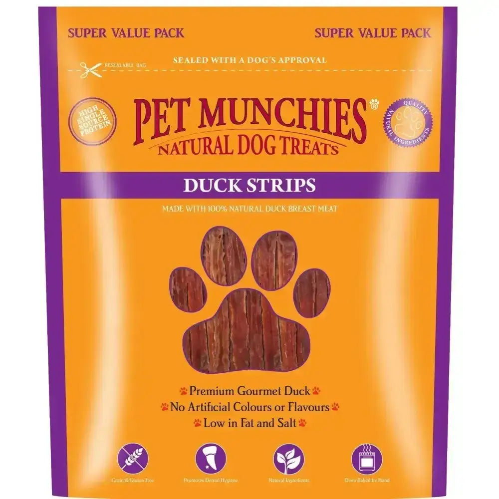 Orange and purple pet munchies strips packaging showing natural duck strips in paw window with human grade quality