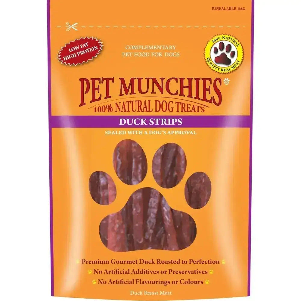 Orange and purple resealable bag of pet munchies strips with 100 percent natural duck strips human grade dog treats