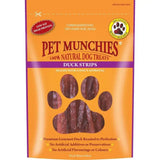Orange and purple resealable bag of pet munchies strips with 100 percent natural duck strips human grade dog treats