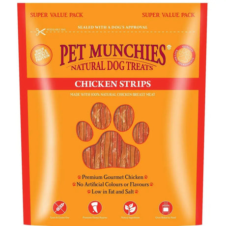 Orange and red packaged pet munchies strips featuring natural chicken breast meat paw print shaped dog treats human grade