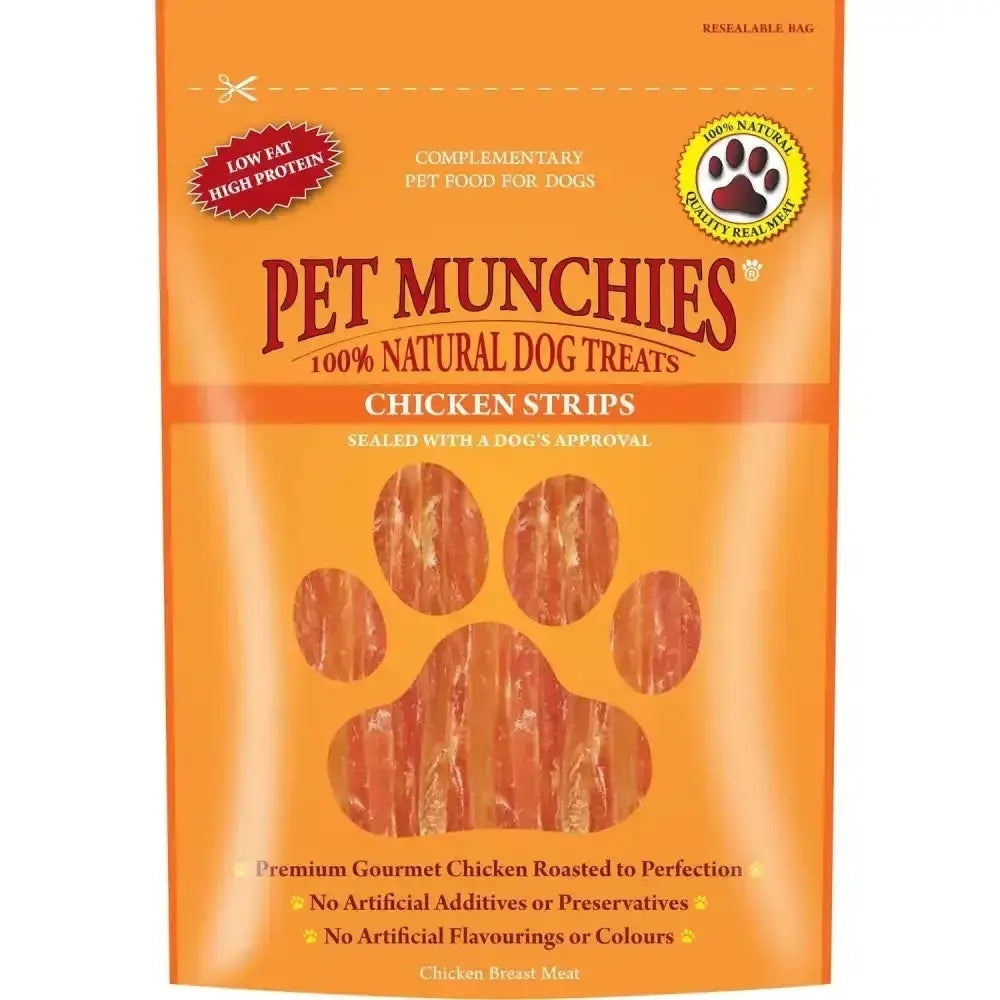 Orange resealable bag of pet munchies strips with 100 percent natural human grade chicken breast meat dog treats