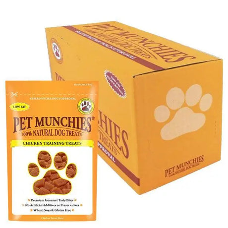 Orange pouch of pet munchies training chicken treats with paw print design and 100 percent natural dog treats branding