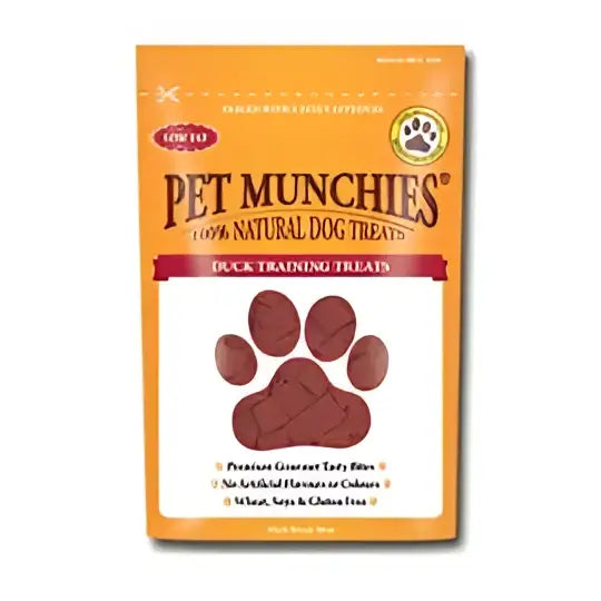 Orange pet munchies training treat duck 8x50g bag featuring paw print design and 100% natural dog treats