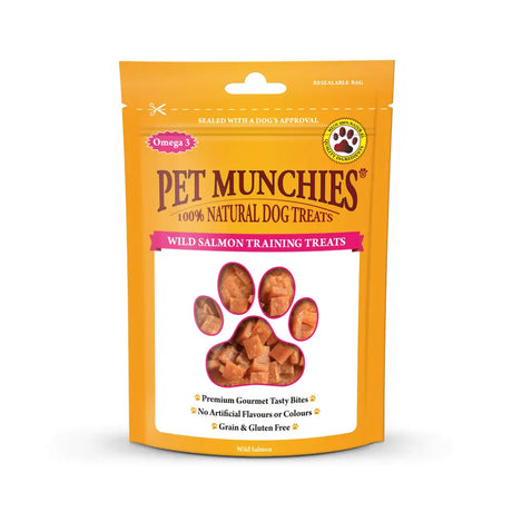 Orange pouch of pet munchies training treats wild salmon flavor with paw print window showing salmon-colored snacks