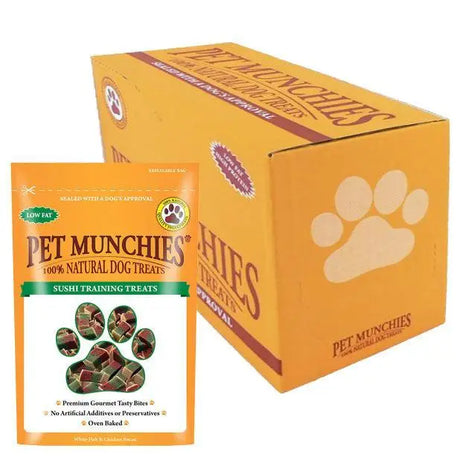 Orange pouch of pet munchies training treat sushi 8x50g featuring paw print design and 100% natural dog treats branding