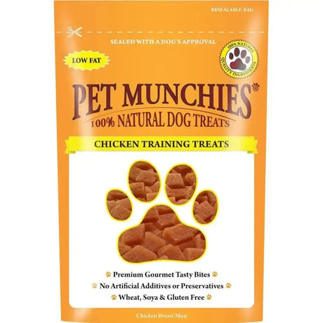 Orange resealable bag of pet munchies training treats chicken with paw print window showing brown square snacks