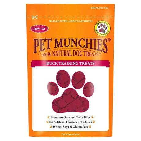 Orange resealable bag of pet munchies training treats duck with natural maroon treats and paw print design visible