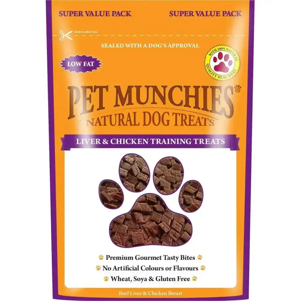 Orange and purple packaged pet munchies training treats liver and chicken breast flavor with paw-shaped window