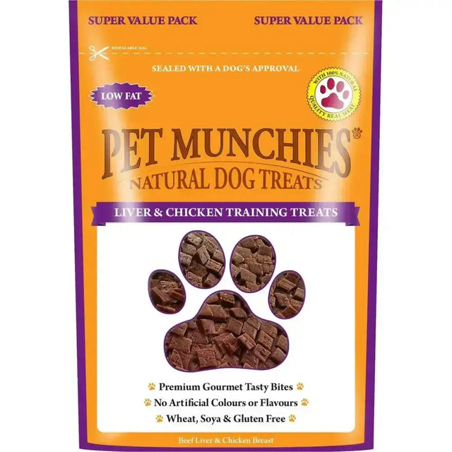 Orange and purple packaged pet munchies training treats liver and chicken breast flavor with paw-shaped window