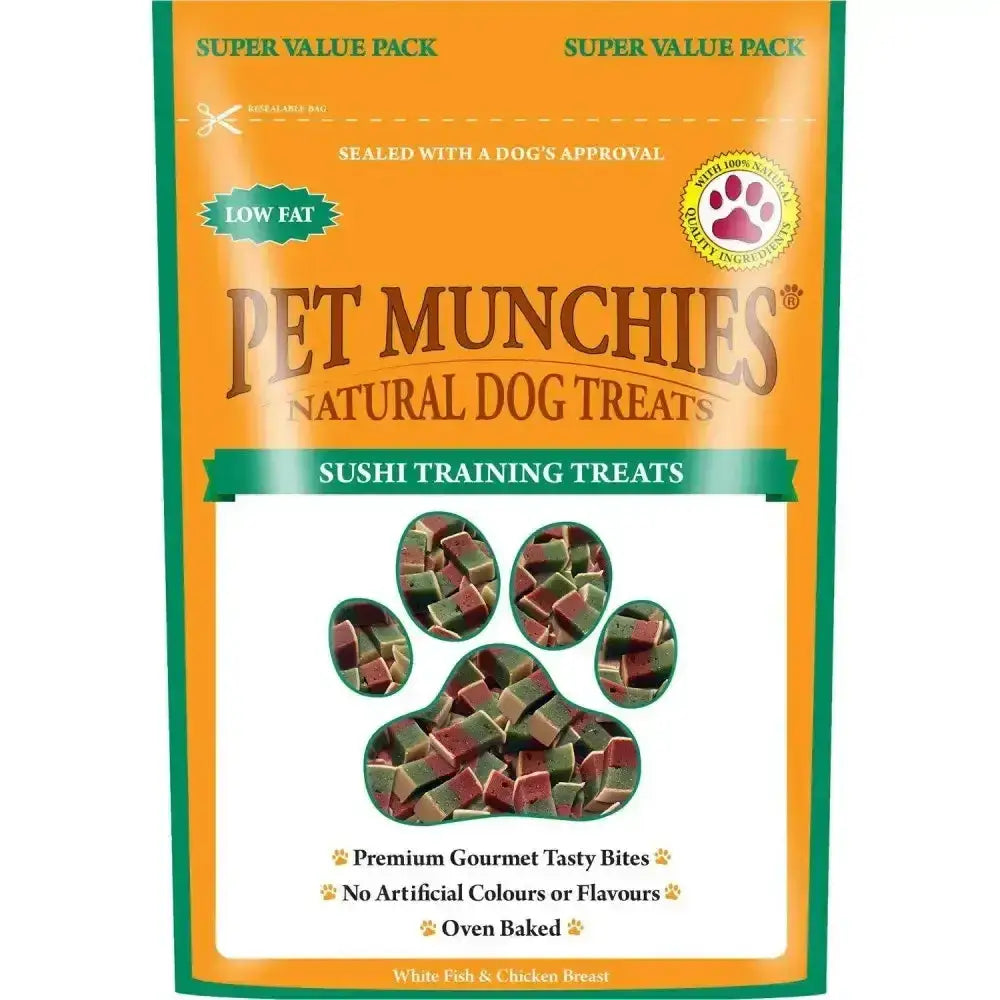 Orange and green bag of pet munchies training treats sushi with sushi-shaped red and brown natural dog treats