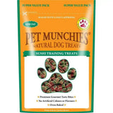 Orange and green bag of pet munchies training treats sushi with sushi-shaped red and brown natural dog treats