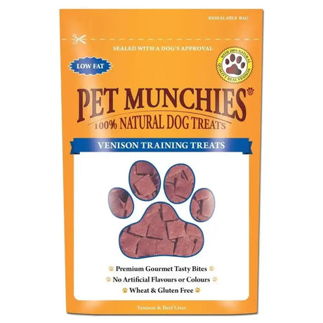 Orange pouch of pet munchies training treats venison with 100 percent natural paw print shaped dog snacks
