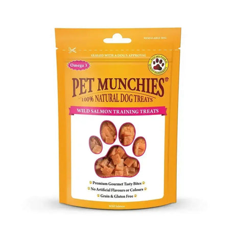 Orange resealable bag of pet munchies training treats wild salmon with paw-shaped window showing brown bite-sized treats