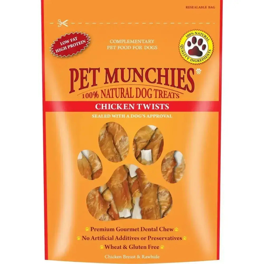 Orange resealable bag of pet munchies twists dog treats with a paw window showing natural chicken breast twists
