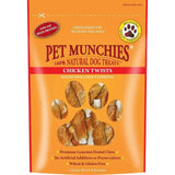 Orange resealable bag of pet munchies twists dog treats with a paw window showing natural chicken breast twists