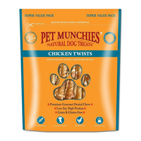 Orange and teal package of pet munchies twists natural chicken breast gourmet dental stick dog treats