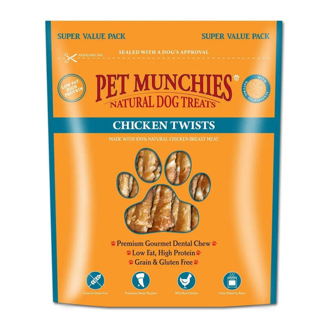 Orange and teal package of pet munchies twists natural chicken breast gourmet dental stick dog treats