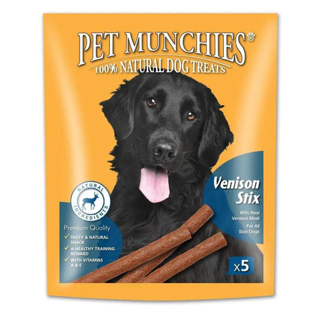 Orange package of pet munchies venison stix 10x5 dog treats with black labrador and brown stick shaped snacks
