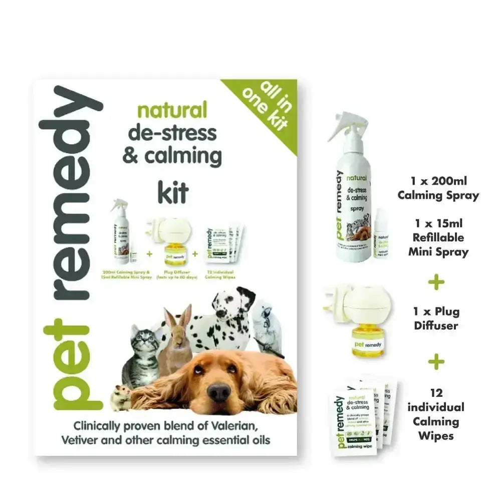 Pet remedy all in one calming kit with 200ml spray, refillable mini spray, plug diffuser, and calming wipes for stress relief