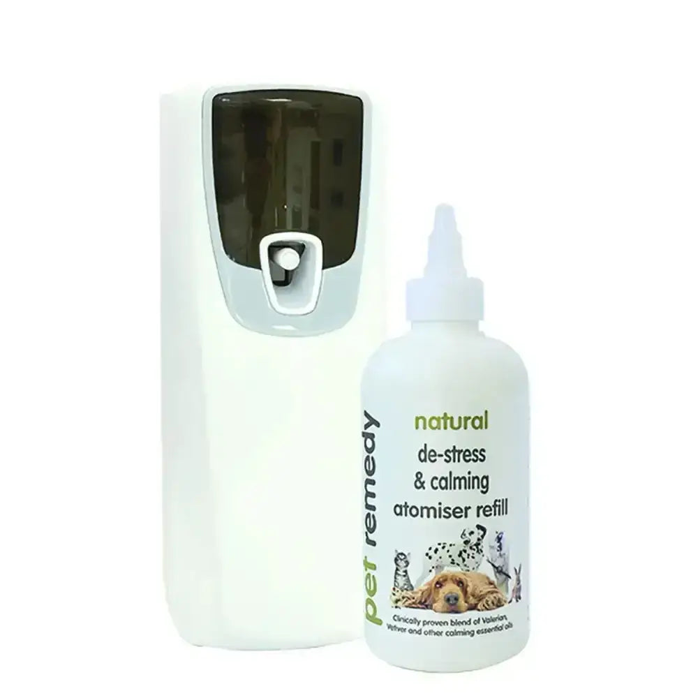 White plastic pet remedy battery atomiser refill bottle with white cap and dog cat illustrations with valerian essential oil