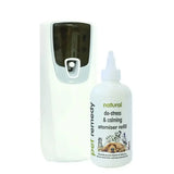 White plastic pet remedy battery atomiser refill bottle with white cap and dog cat illustrations with valerian essential oil