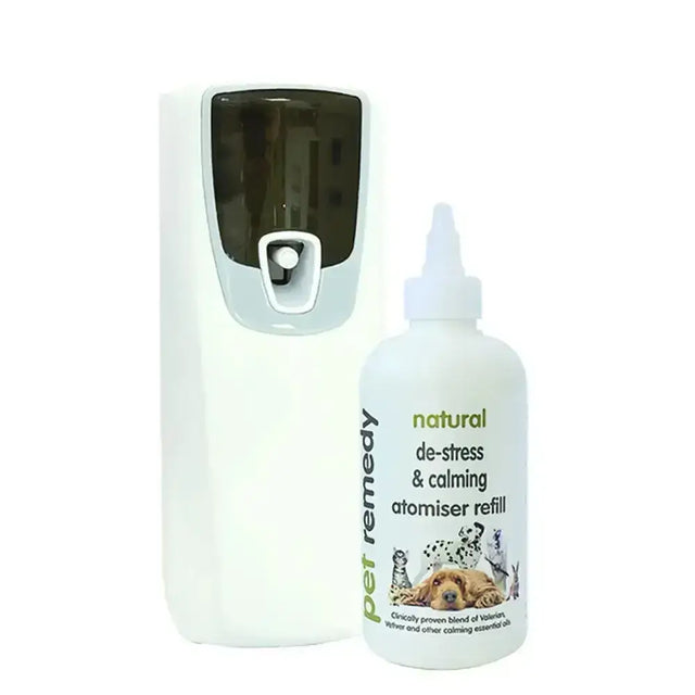 White plastic pet remedy battery atomiser refill bottle with white cap and dog cat illustrations with valerian essential oil