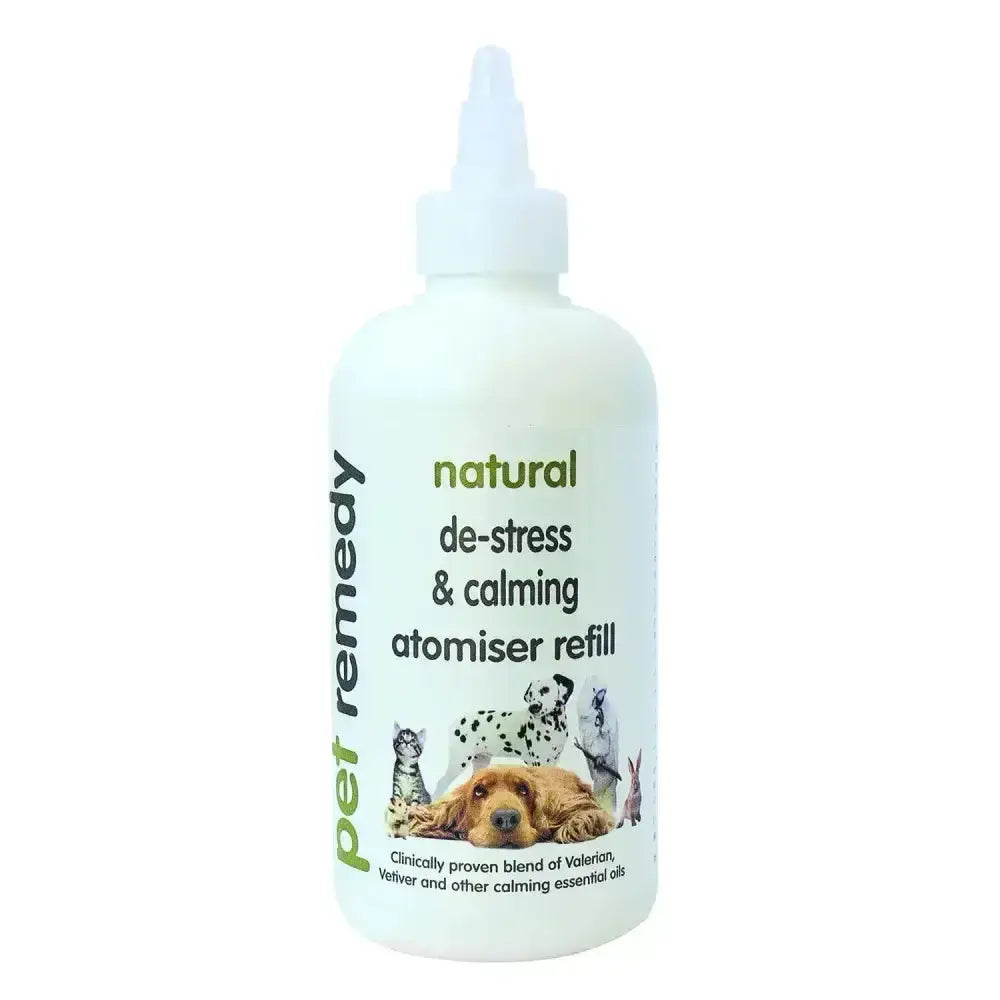 White plastic pet remedy battery atomiser bottle with valerian essential oil for natural de-stress and calming refill