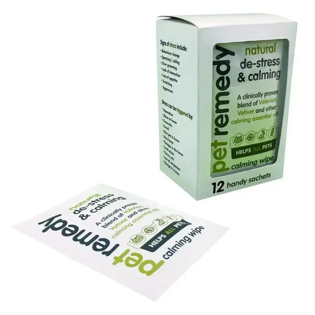 Pet remedy calming wipes in white and green packaging with individual sachet wipes on sale sticker visible