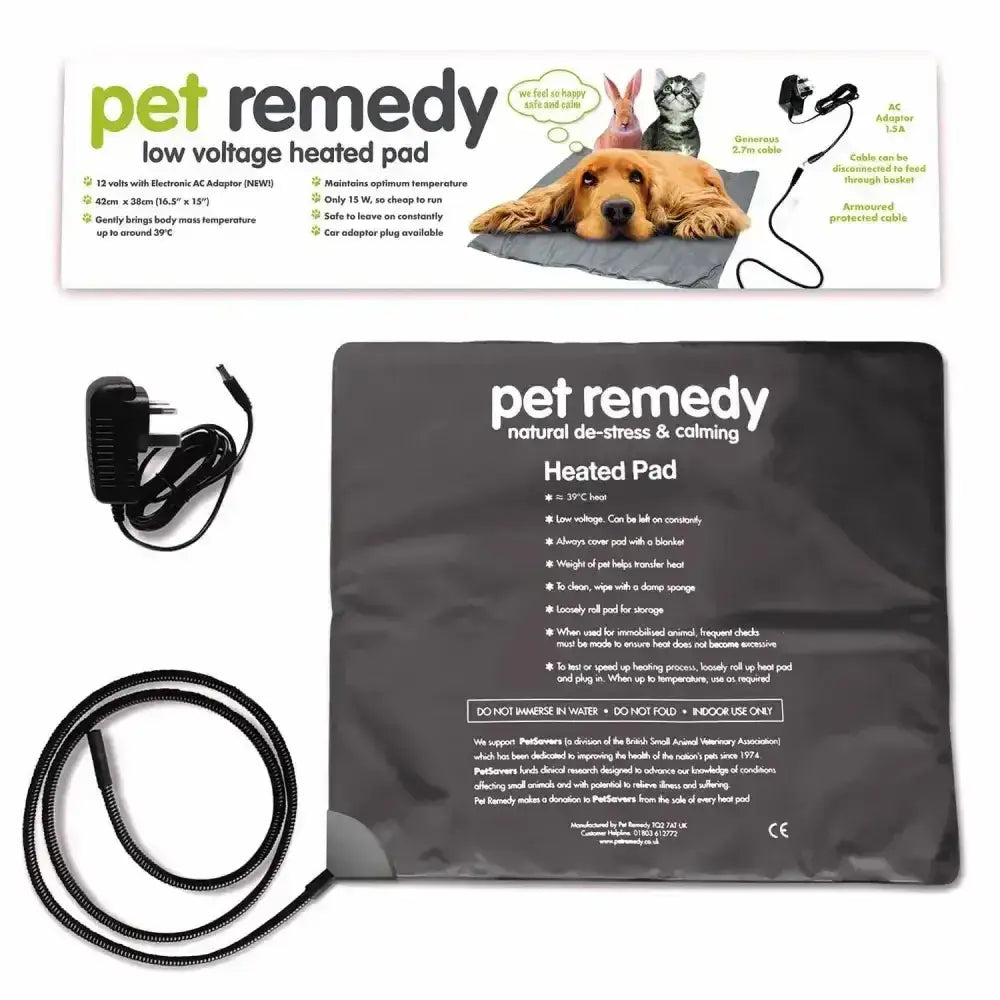 Black rectangular pet remedy heated pet pad with white text and gray gradient background for optimum comfort