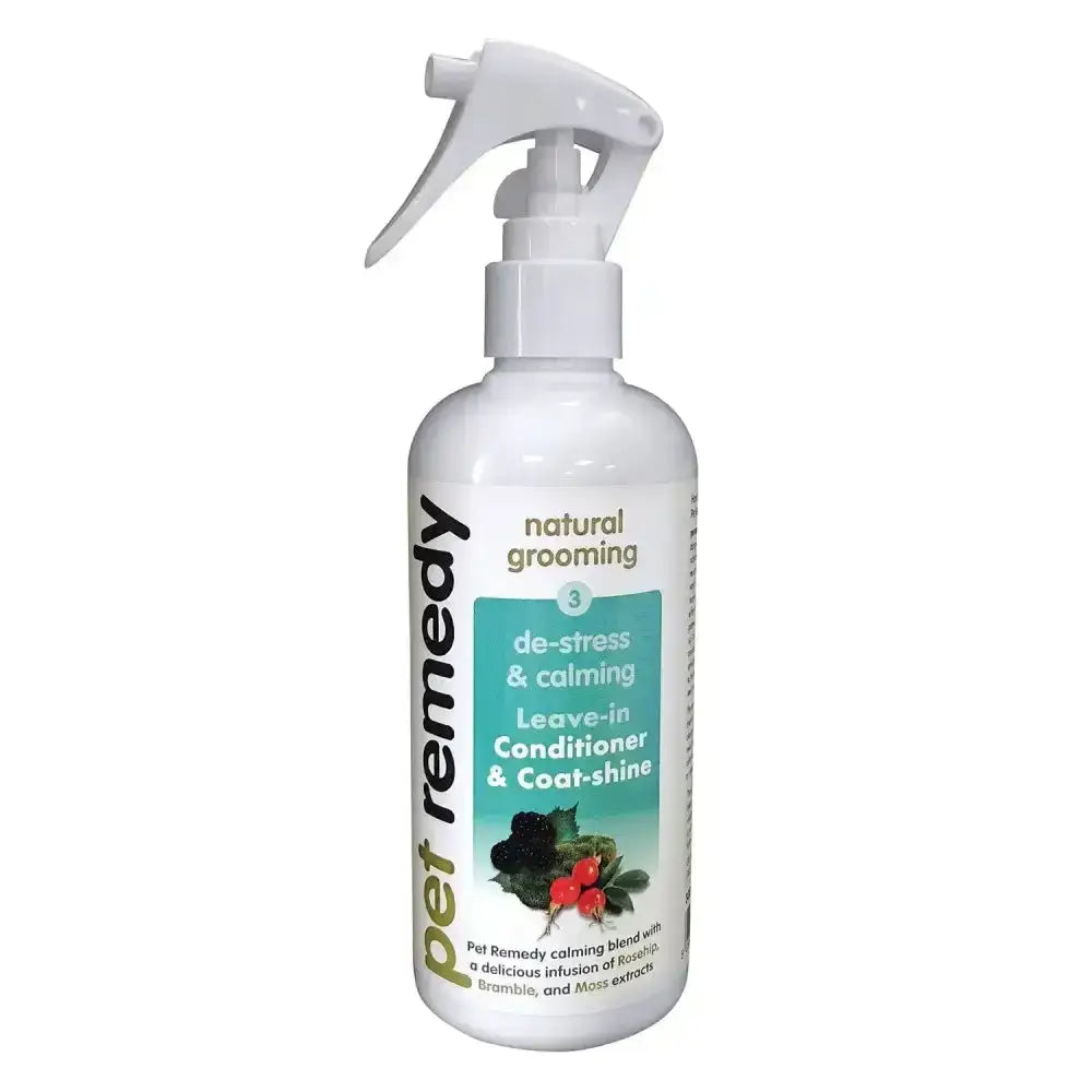 White plastic spray bottle of pet remedy leave-in conditioner perfect finishing touch for natural grooming and calming coat shine