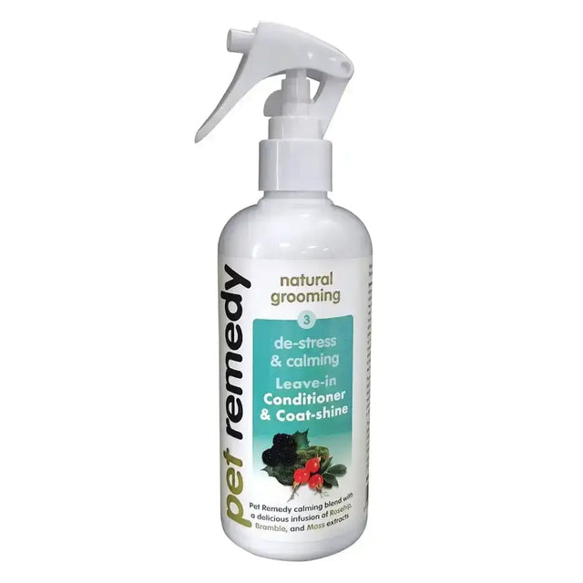 White plastic spray bottle of pet remedy leave-in conditioner perfect finishing touch for natural grooming and calming coat shine
