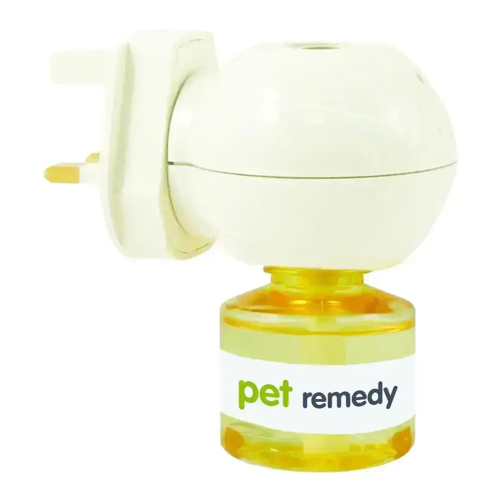 Cream-colored pet remedy plug diffuser with valerian essential oil in clear glass bottle for electric insect repellent