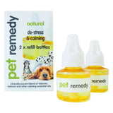 Two transparent yellow pet remedy plug refill bottles with white caps featuring valerian essential oil for calming