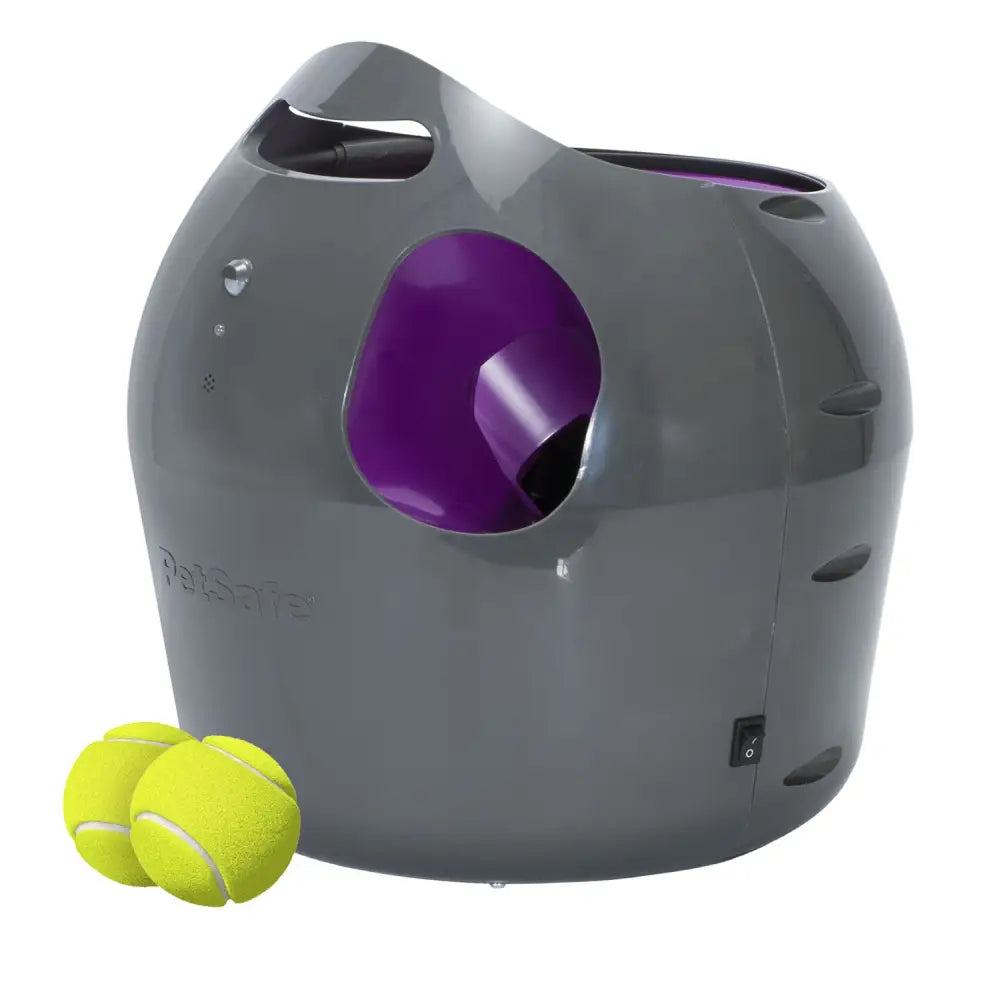 Petsafe automatic ball launcher in gray and purple with a sleek rounded design for interactive fetch fun
