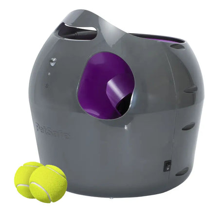 Petsafe automatic ball launcher in gray and purple with a sleek rounded design for interactive fetch fun