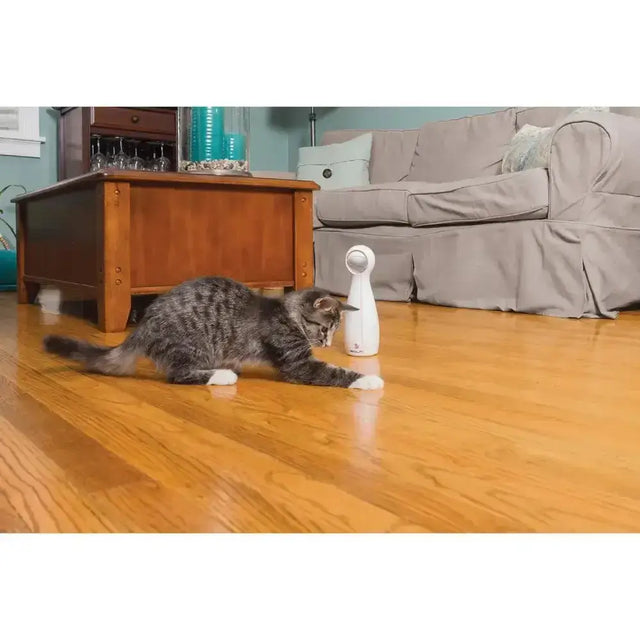 White cylindrical petsafe bolt laser light cat toy with rounded top and smooth surface for playful laser light cat fun
