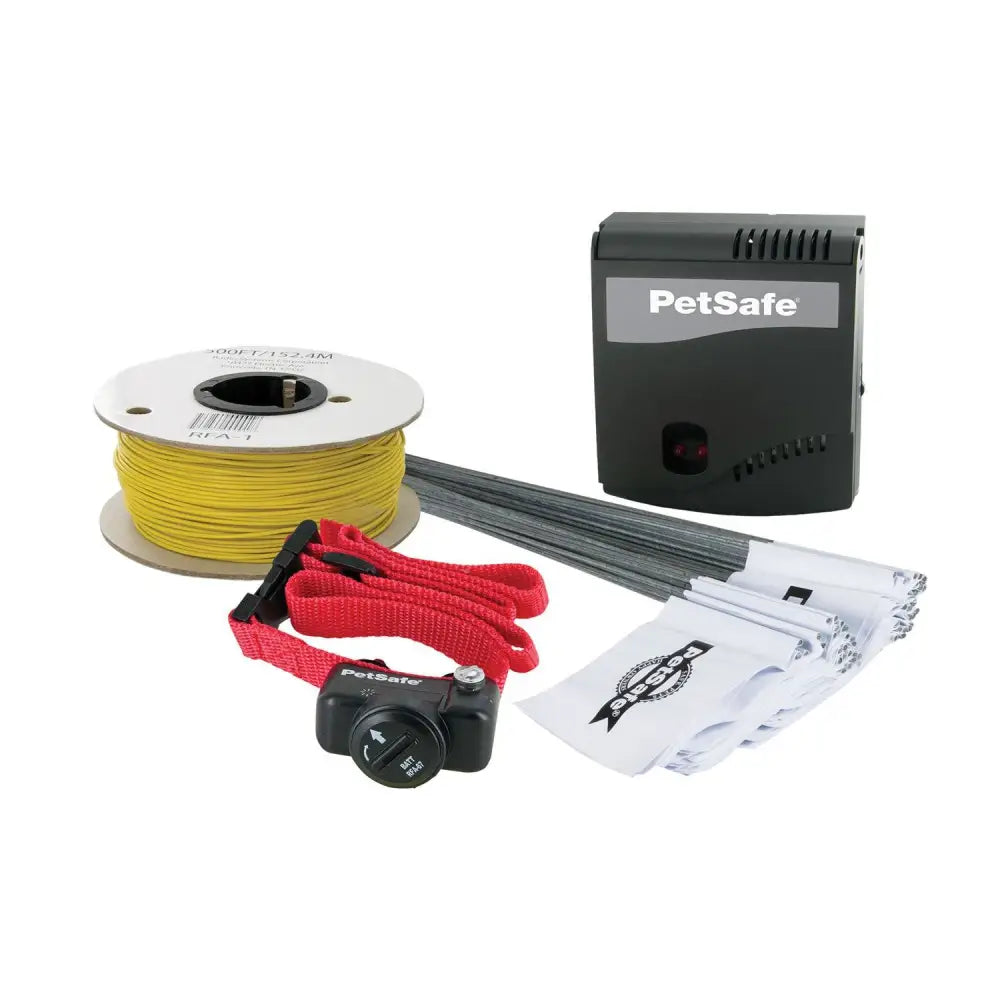 Petsafe in-ground fence system with black control unit red collar receiver and yellow boundary wire for safety whilst spending