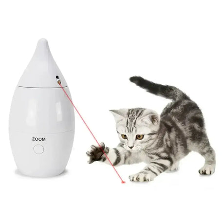 White teardrop-shaped petsafe zoom laser cat toy for interactive play and exercise with your feline friend
