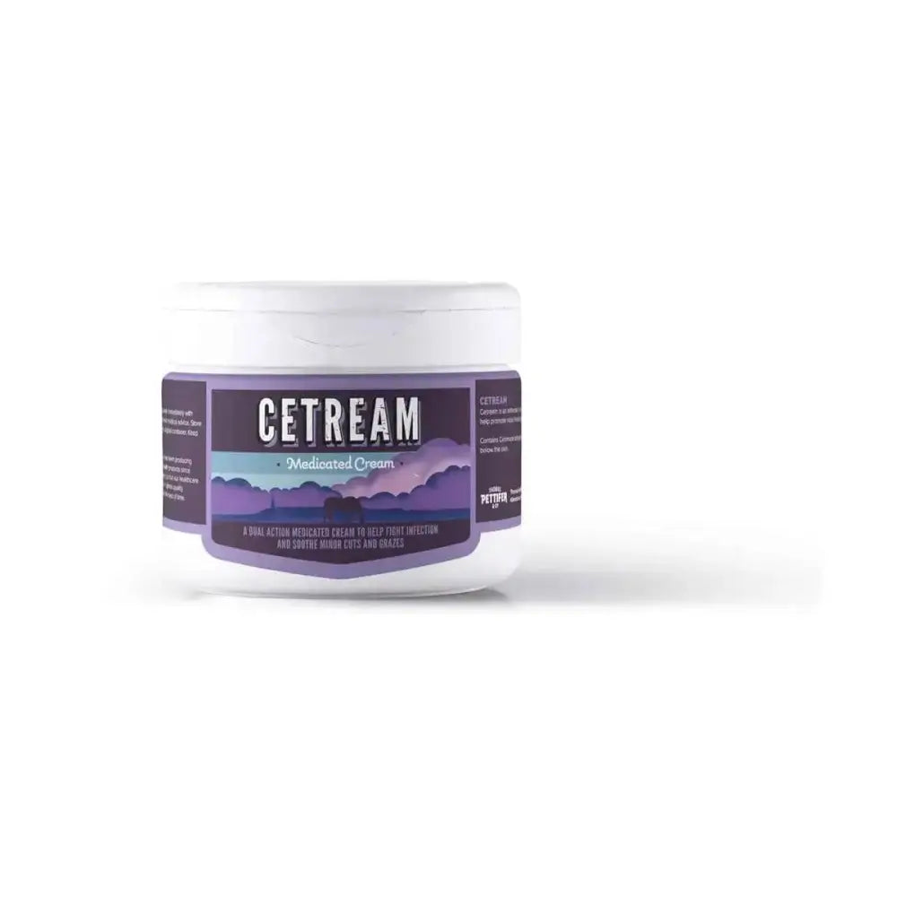 White plastic jar of pettifers cetream barrier cream with purple blue label and mountain design for antiseptic protective film
