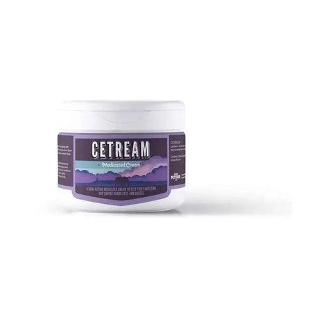 White plastic jar of pettifers cetream barrier cream with purple blue label and mountain design for antiseptic protective film