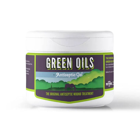 White plastic jar of pettifers green oils gel antiseptic with purple green label showing pastoral scene for equines insect bites
