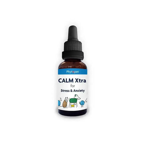 A brown glass dropper bottle of phytopet calm extra fast acting herbal supplement for stress with cartoon animals