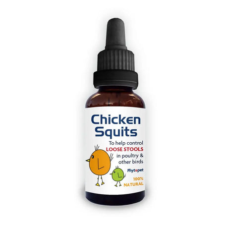 A brown glass bottle with a black dropper cap and white label featuring cartoon chickens labeled phytopet chicken squits to control loose stools