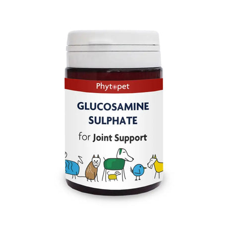 Phytopet glucosamine sulphate 500mg supplement bottle with white label red band and cartoon animals for connective tissue repair