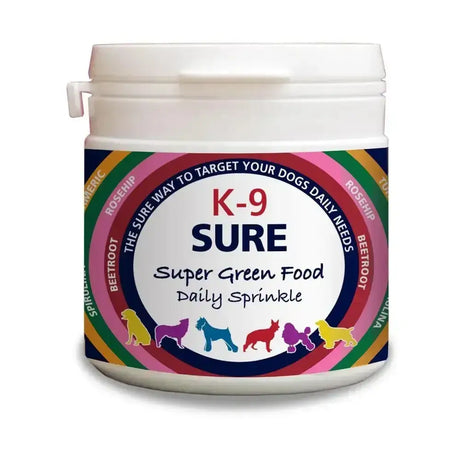 White plastic jar with colorful label featuring phytopet k-9 sure all-natural supplement rainbow rings and dog silhouettes