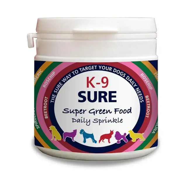 White plastic jar with colorful label featuring phytopet k-9 sure all-natural supplement rainbow rings and dog silhouettes