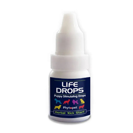 White plastic phytopet life drops bottle with dropper cap navy label vital force for newborn animals