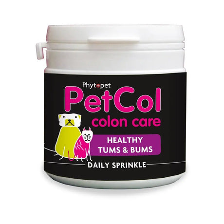 White plastic container with black label and pink purple text for phytopet petcol healthy tums healthy bums with dog cat cartoons