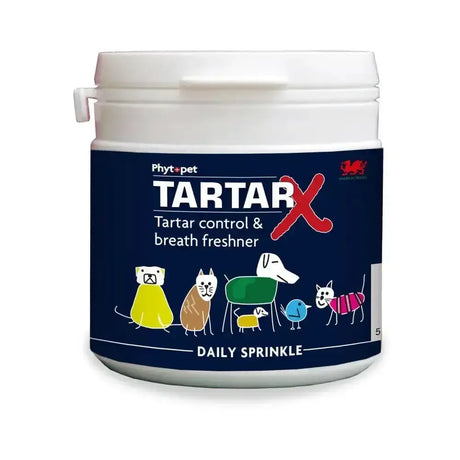 White plastic phytopet tartar x container with navy label and cartoon animals for tartar x cleans and freshens breath