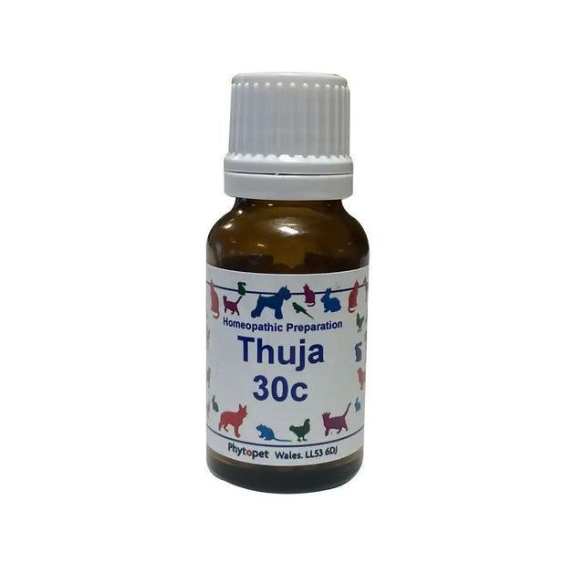 A small amber glass bottle with a white cap labeled phytopet thuja tablets 30c for itchy eruptions and skin conditions
